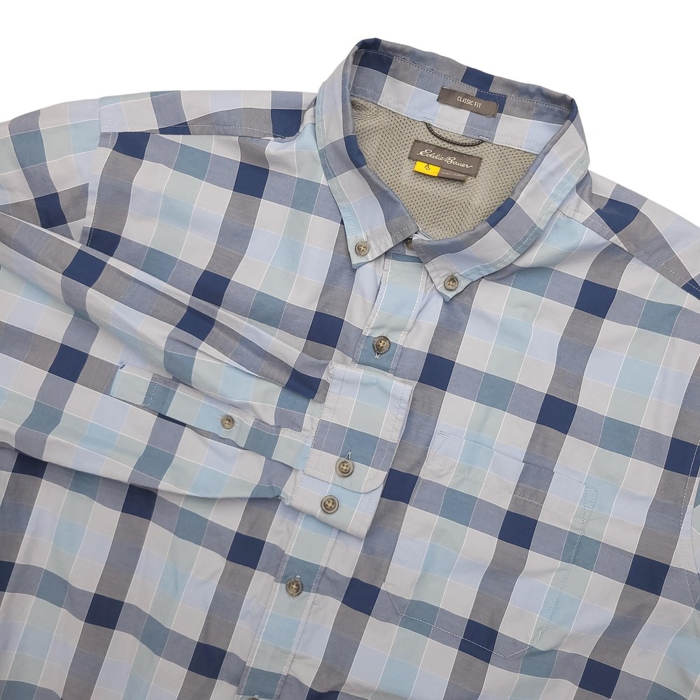Eddie Bauer Travex Shirt Mens XL Blue Plaid Long Sleeve Button Up Camp Casual